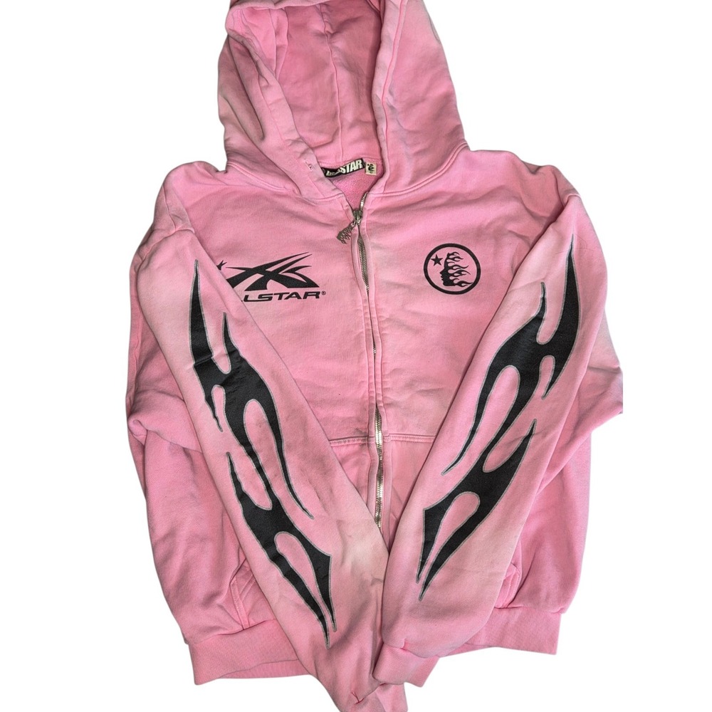 Hellstar Studios Pink Graphic Zip Up Hoodie Mens Large Flame Sleeve Streetwear - Picture 5 of 12